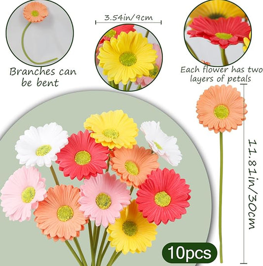 10 Pcs Artificial Gebera Daisies Flowers Fake Daisies Real Touch Flower PU Faux Flowers Bouquet for Indoor Home Arrangements Vase Wedding Party Table Centerpiece DIY Floral Decor Multicolor