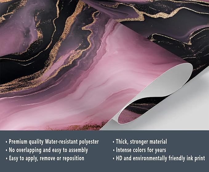 Pink Black Marble Wall Mural, Luxury Fluid Art 3D Wall Murals, Gold Vein Abstract Marble Wallpaper Mural, for Living Room Bedroom Large Wallpaper Indoor Decor 157.5" W x110.3 H
