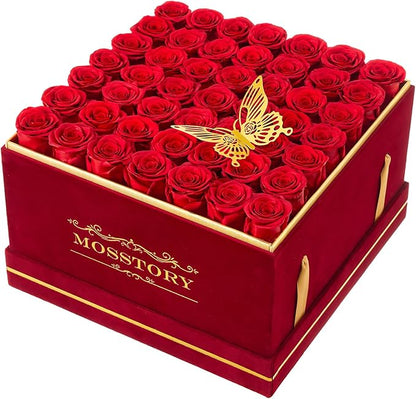 Preserved Roses in a Box 49-Piece Forever Flowers Gifts for Women Wife Mother Day Christmas Anniversary (Red Roses, Square Burgundy Suede Box)