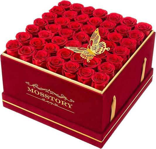 Preserved Roses in a Box 49-Piece Forever Flowers Gifts for Women Wife Mother Day Christmas Anniversary (Red Roses, Square Burgundy Suede Box)