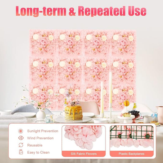 12 Pcs White Flower Wall Flowers Backdrop Artificial Flower for Backdrop Flowers Decoration 3D Floral Panels for Wall Decor Home Party Wedding Room Decoration (38x38cm/Pink+ Champagne)