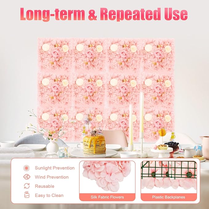 Flower Wall Panel Set, Artificial Wall Flower Backdrop,Artificial Flower Wall Mat Silk Rose Flower Panels,Hydrangea Rose Floral Panel for Party Wedding (12pcs Pink, Champagne)