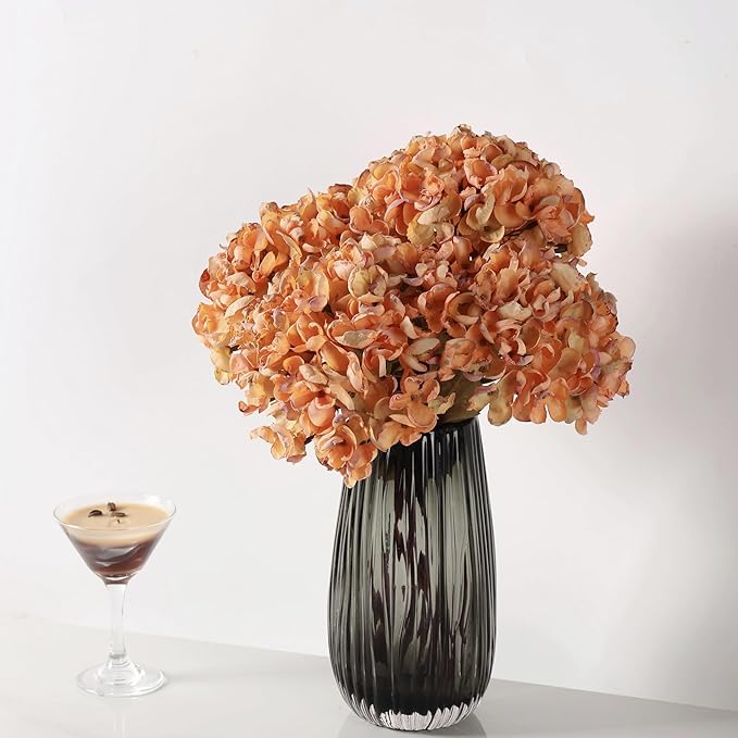 Fall Artificial Dried Hydrangea Flowers, Vintage Orange Dried Look, Faux Fall Flowers, Single Stem (Orange, 4pcs)