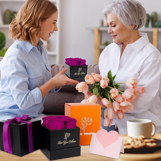 4 Preserved Flower, Fresh Flower Forever Roses in Square Shape Box, Immortal Roses Gift for Her Eternal Roses, 100% Real Roses, Birthday Gifts for Women, Wife, Her, Mom, Purple