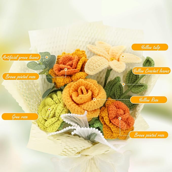 Handmade Crochet Sunflowers Rose Daisy as a Gift for Lover, Family,Friends. Crochet Bouquet, Crocheted Yarn Flowers, Artificial Flower Finished Bouquet (Yellow&Green)