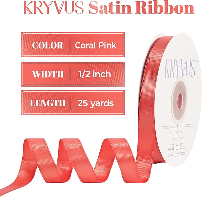 Coral Satin Ribbon, Double Faced 1/2 Inch X 25 Yards Coral Ribbon, for Gift Wrapping, Crafts, Hair Bow Making, Sewing, Flower Bouquet, Wedding Party Decor