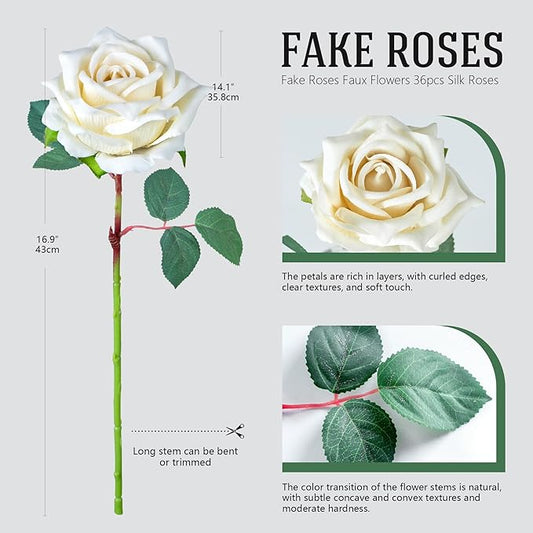 Fake Roses Faux Flowers Silk Roses 36PCS Artificial Roses with Stems Realistic Artificial Flowers Suitable for Indoor Home Decoration DIY Bouquet Wedding Decor Party Decor 16.5In (White)