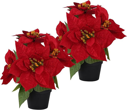 Poinsettias Flowers Artificial 2 Pack Red Faux Christmas Poinsettia Plant Small 11 Inch Winter Flowers for Home Office Table Decorations Indoor Xmas Ornament