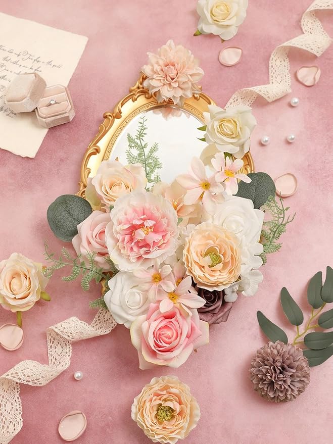 Artificial Flowers Combo Pink Mauve Fake Roses Silk Flowers with Stems for DIY Wedding Bridal Bouquets Floral Arrangement Table Centerpieces Cake Birthday Baby Shower Anniversary Home Decor