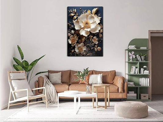 3D Abstract Flower Canvas Wall Art White Floral Texture Poster Prints Serene Blossoms Wall decor pictures for Bedroom and Bathroom Home Decorations Framed (12inx16in Canvas)