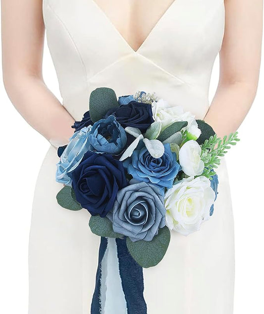 Rinlong 1Pc Navy Blue Bridesmaids Bridal Bouquet Artificial Wedding Bouquets for Bride Bridesmaid Silk Bouquet for Wedding Prom