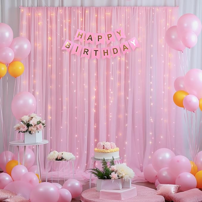 10x10ft Pink Tulle Backdrop Curtain with Lights String for Parites, Sheer Backdrop Curtains for Baby Shower Wedding Birthday Party Photo Shoot Decorations