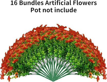 Artificial Fake Plants Flowers for Outdoor Fall Autumn Decoration，16 Bundles Fake Plants UV Resistant No Fade Faux Plastic Greenery Boxwood Porch Patio Fall Mums Home Decor