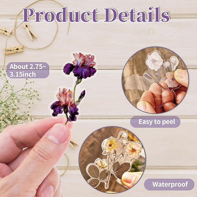 Natural Flower Sticker for Scrapbooking,PET Nature Plant Stickers Floral Stickers Vintage Craft Sticker,for Journaling Scrapbooking Clear Flower Decal (Style H)