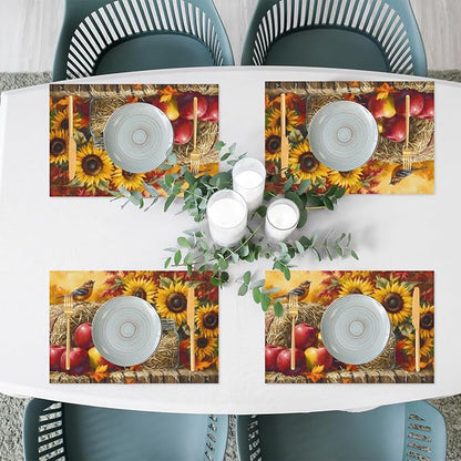 Autumn Apple Flower Sunflower Placemats Set of 6 PVC Vinyl Non Slip Table Mats Heat Resistant Place Mats Washable Wipeable Dining Table Mat for Kitchen Decor Party Indoor Outdoor Decorative Gift