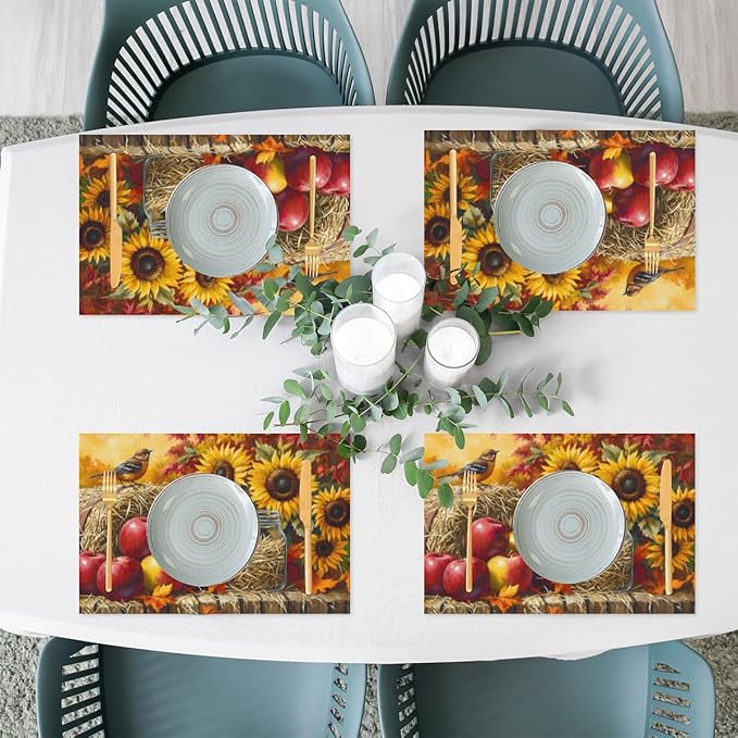 Autumn Apple Flower Sunflower Placemats Set of 4 PVC Vinyl Non Slip Table Mats Heat Resistant Place Mats Washable Wipeable Dining Table Mat for Kitchen Decor Party Indoor Outdoor Decorative Gift
