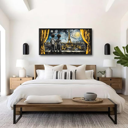 Graffiti Banksy Large Wall Art Inspirational Eiffel Tower Pictures Wall Decor Above Over Bed Canvas Prints Painting Framed Artwork Decoration For Bedroom Living Room 60"x30"