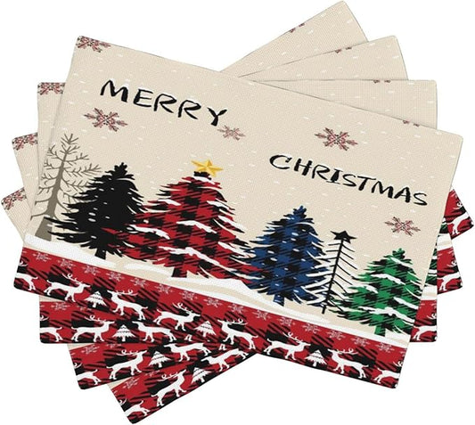 Christmas Placemats Rustic Farmhouse Red Buffalo Plaid Elk Christmas Tree Winter Snowflake Placemats Table Kitchen Dining Party 12x18 Inch Set of 6