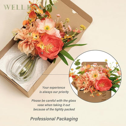 WELL KNOWN Silk Peony Mixed Wild Flower Bouquet in Vase, Artificial Flowers Arrangements Orange & Pink Fake Flowers with Vase for Home Living Room Wedding Party Dinning Table Fall Seasonal Decor