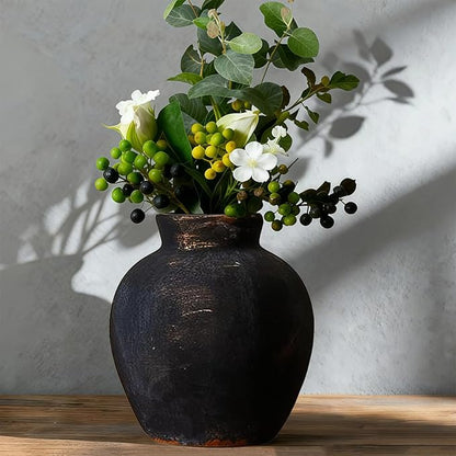 Ceramic Vase, 6 inch Minimalist Rustic Farmhouse Terracotta Vase for Home Decor, Table, Living Room, Entryway, Shelf, Mantel Decoration (Black)