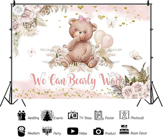 12x8ft Bear Baby Shower Backdrop Boho Pink Floral We Can Bearly Wait Photography Background It’s a Girl Baby Shower Party Banner Decorations Supplies Photo Booth Props