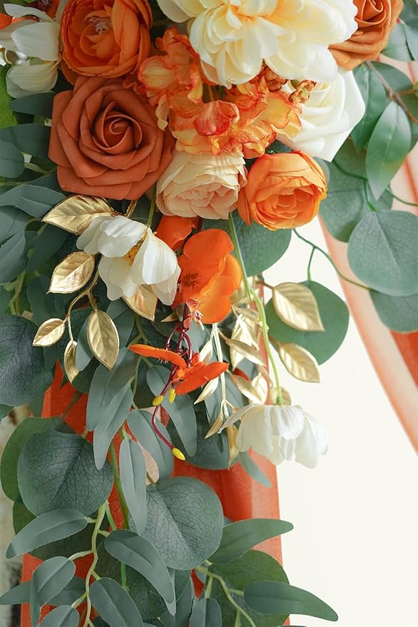 ponatia Artificial Wedding Arch Flowers Kit(Pack of 3) with 26Ft Shiny Wedding Arch Draping Fabric, Arch Flowers for Wedding Ceremony and Reception Backdrop Wedding Decoration (Burnt Orange)