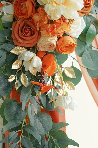 ponatia Artificial Wedding Arch Flowers Kit(Pack of 3) with 26Ft Shiny Wedding Arch Draping Fabric, Arch Flowers for Wedding Ceremony and Reception Backdrop Wedding Decoration (Burnt Orange)