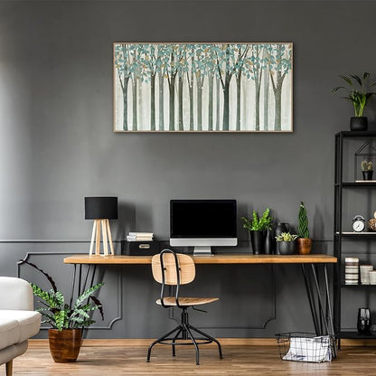 VEAEE Framed Birch Tree Wall Art - Living Room Wall Decor, Abstract Nature Forest Landscape Canvas Pictures, Teal Trees Paintings - Scenic Picture and Modern Home Decor for Bedroom Office 20" x 40"