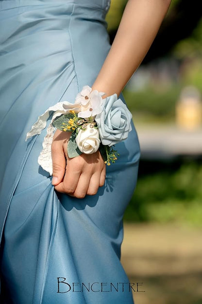 Dusty Blue Corsage for Wedding(Set of 6),Wrist Corsage,Corsage for Prom,Party Prom Hand Flower Decor,Mother of The Bride Corsage,
