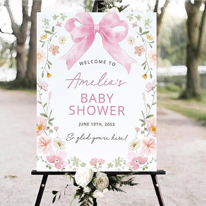 Personalized Pink Bow Baby Shower Welcome Sign, Custom Minimalist Bow Baby Girl Party Sign, Baby's Shower Gifts, Birthday Gifts, Gender Reveal Decorations, Newborn Announcement Party Supplies - 01