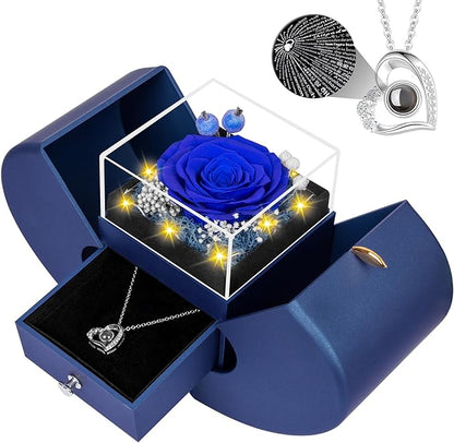 Preserved Blue Real Rose with I Love You Necklace, Eternal Flowers Rose Birthday Gifts for Women Her Mom Wife Girlfriend Grandma Christmas on Valentines Mothers Day Anniversary Romantic-Blue