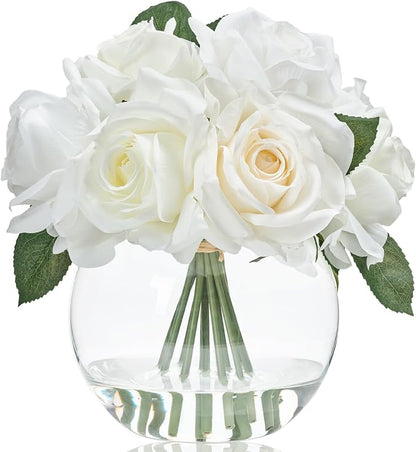 WELL KNOWN Artificial Flowers with Vase, Silk Rose Artificial Flowers Table Centerpieces with Faux Water for Home Decoration Fake Roses Flower Arrangements for Table Decor (White&Green)