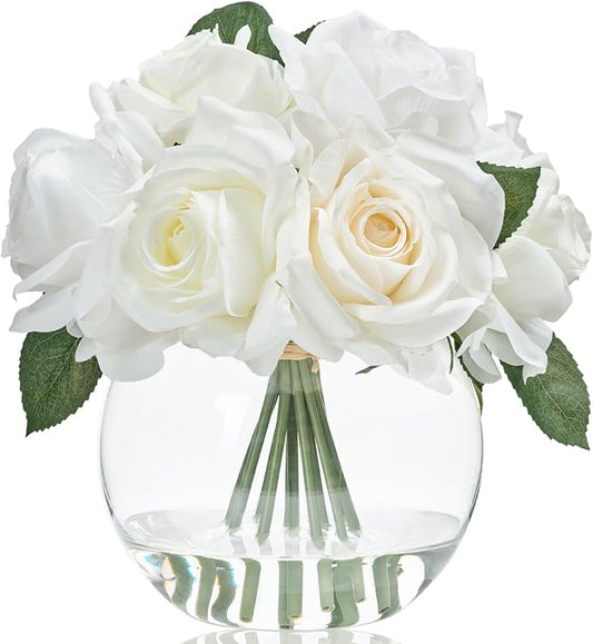 WELL KNOWN Artificial Flowers with Vase, Silk Rose Artificial Flowers Table Centerpieces with Faux Water for Home Decoration Fake Roses Flower Arrangements for Table Decor (White&Green)