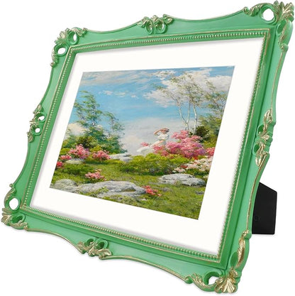 SIMON'S SHOP 11x14 Picture Frame in Light Green with Gold Accents, Vintage Picture Frames 11x14 with Mat for 8x10 Image, Gallery Wall and Tabletop Display Poster Frame