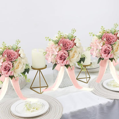 Set of 4 Bridesmaid Bouquets for Wedding, 9 Inch Boho Bridesmaid Flowers for Ceremony Anniversary Centerpieces Decorations, Artificial Rose Bouquets - Pink & White