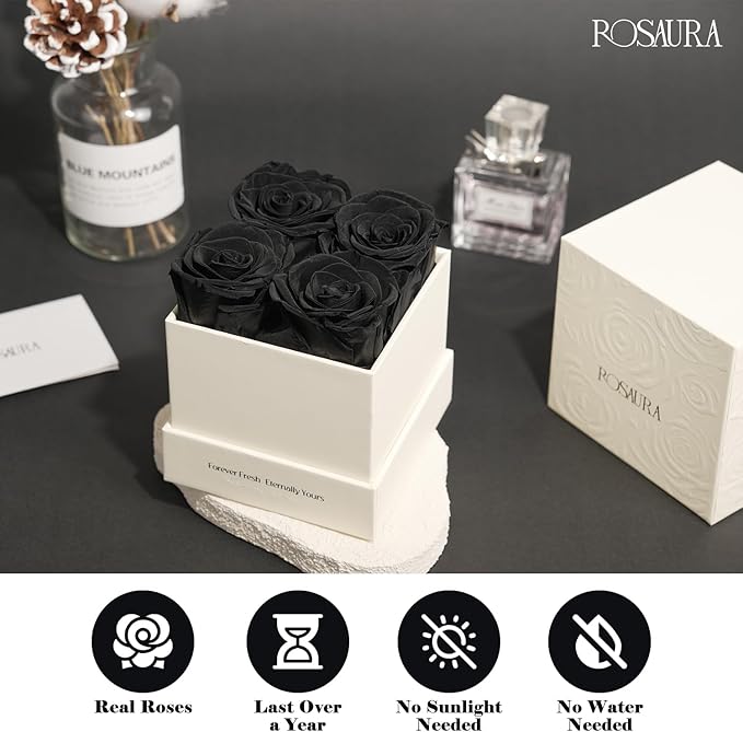 Rosaura 4-Piece Eternal Preserved Roses & Flowers Gift Box - Forever Lasting Real Roses, Preserved Flowers for Valentine's Day Black