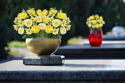 Hollyone Set of 2 Artificial Cemetery Flower for Graves Yellow Cemetery Memorial Flowers for Outdoor Grave Decorations Silk Flower Arrangements Rose Ranunculus Gerbera Floral Flowers Bouquets