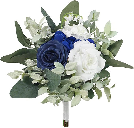 Rinlong Navy Blue Bridesmaids Bridal Bouquet Artificial Wedding Bouquets for Bride Bridesmaid Silk Bouquet for Wedding Prom Homecoming 7.5 Inches