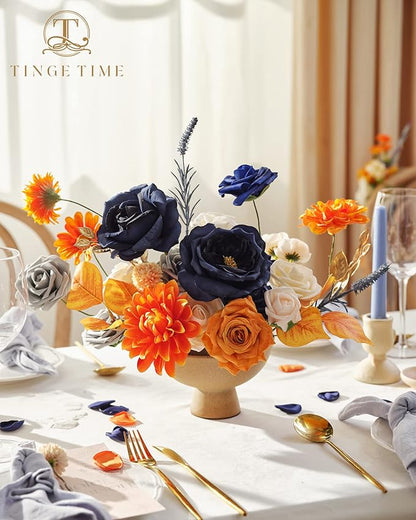 TINGE TIME Artificial Flowers Burnt Orange & Navy Blue Flower Combo for DIY Wedding Bouquets Table Centerpieces Arrangements Party Baby Shower Home Fall Decorations