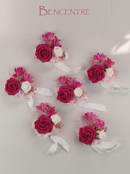Hot Pink Wrist Corsage for Wedding(Set of 6), Wrist corsages for Prom,Party Prom Hand Flower Decor,Mother of The Bride Corsage,Bridesmaid Wrist Corsage