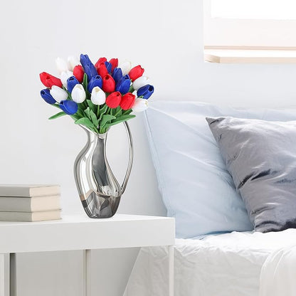 SITUMEIZI 15pcs 4th of July Flowers Tulips Fake Artificial Flowers Silk 14" Patriotc Flower for Independence Day Home Decor Kitchen Floral Arrangements Table Centerpieces(Mix,3)