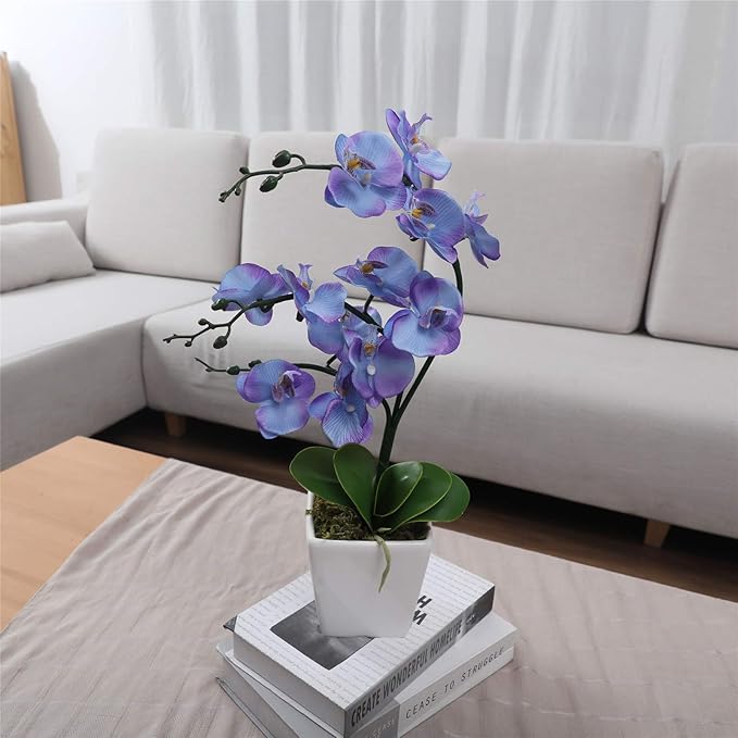 15" Tall Artificial Silk Phalaenopsis Orchid Flower Plant Pot Arrangements (Purple Blue)