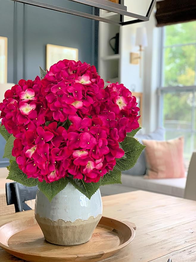 Hollyone Rose Red Hydrangea Artificial Flowers Large Artificial Hydrangeas Silk Flowers for Home Decor Indoor Wedding Flowers Bouquets Faux Flowers Kitchen Centerpiece Table Decorations