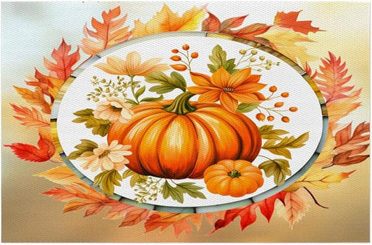 Fall Autumn Flower Pumpkin Placemats Set of 4 PVC Vinyl Non Slip Table Mats Heat Resistant Place Mats Washable Wipeable Dining Table Mat for Kitchen Decor Party Indoor Outdoor Decorative Gift