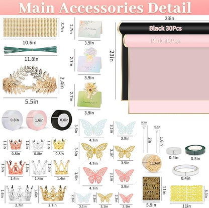 260Pcs Flower Bouquet Wrapping Paper Kit, 60 Sheets Waterproof Paper, 36 Butterflies, 8 Crowns, 1 Headband, 4 Ribbons, 15 Cards, 100 Diamond Pins, 30 Floral Wire, 3 Stickers, 3 Tapes (Black & Pink)