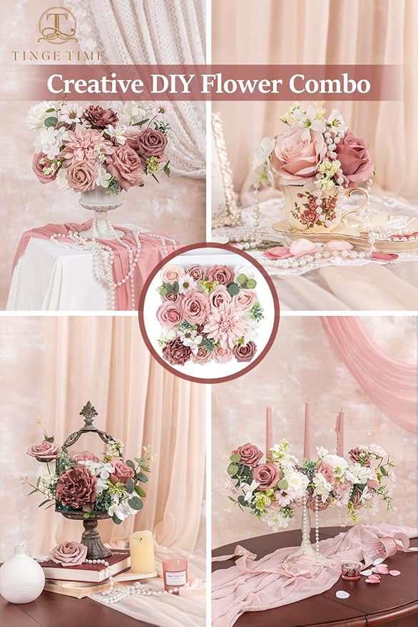 TINGE TIME Artificial Flowers Dusty Rose & Cream Flower Combo for DIY Wedding Bouquets Table Centerpieces Arrangements Party Baby Shower Home Spring Decorations
