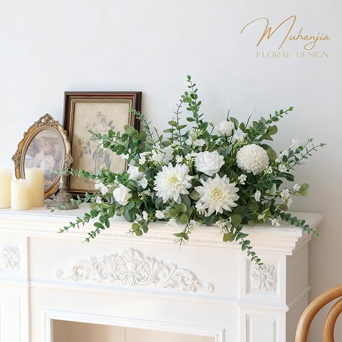 160Pcs Mixed Artificial Eucalyptus Stems and White Faux Flowers, Big Babys Breath and Eucalyptus Leaves Stems Bulk for DIY Wedding Bouquet Home Decor Floral Arrangement (Green 160Pcs)