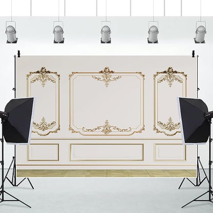 AOFOTO Vintage Room Inside Backdrop Modern French Classic Frame White Walls Gold Embossed Floral Photo Background Wedding Bridal Shower Reception Drama Portrait Photoshoot Backdrop Props 6x4ft