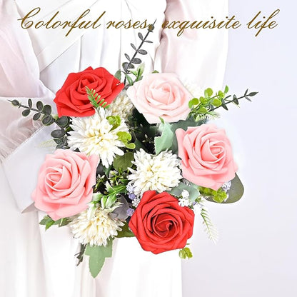 BLEUM CADE 36Pcs Artificial Flowers Fake Roses with Stems, Gradient Red & Pink Boxed Foam Roses for DIY Bouquets Centerpieces Wedding Party Arrangement Bridal Shower Decor