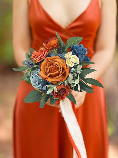 Rinlong 1Pc Fall Wedding Bouquets for Bridesmaids Bride Terracotta Navy Blue Artificial Bridesmaid Bridal Bouquet for Wedding Prom Burnt Orange Navy Blue